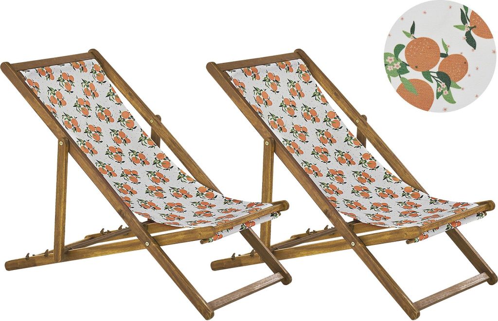 BELIANI Liegestuhl 2er Set Hellbraun Akazienholz mit Bezug Orangenmotiv Mehrfarbig Klappbar Gartenausstattung Outdoor Gartenzubehör Modern