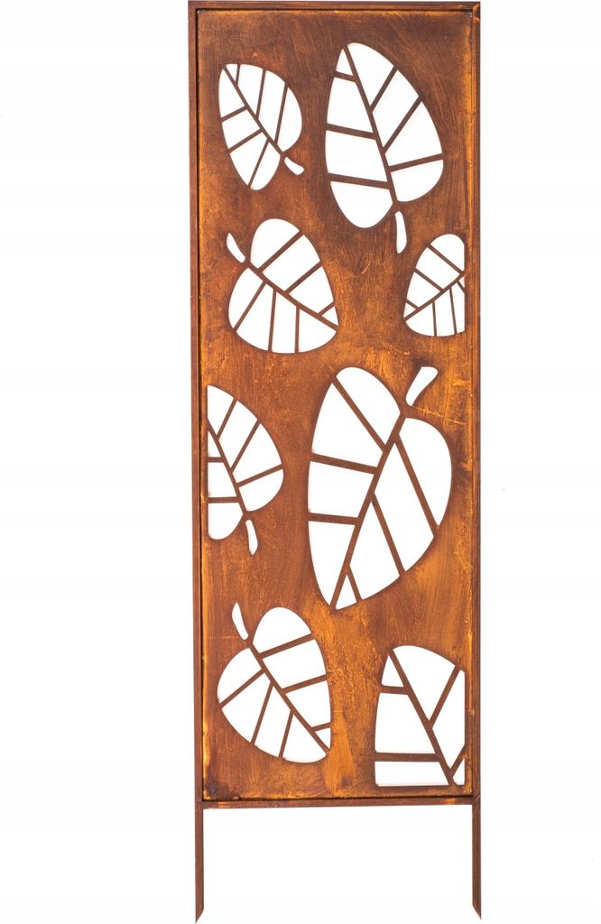 A decorative metal screen with a leaf pattern, designed for garden privacy.