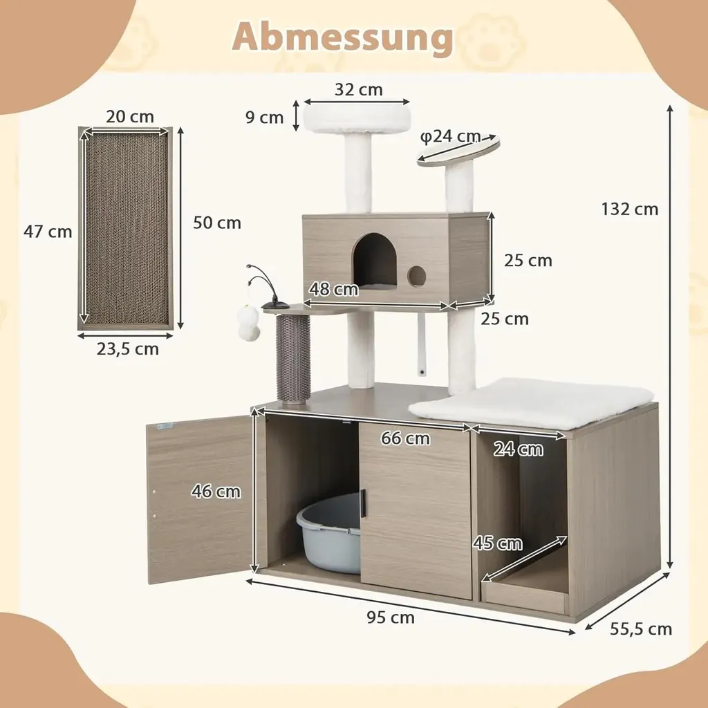 Arbre à chat en bois 132 cm avec colonnes en sisal et panier douillet gris
