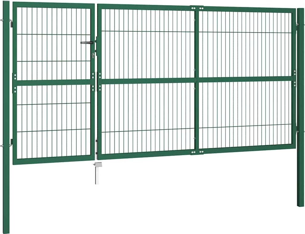 A green metal garden gate with two panels and posts, shown against a white background.