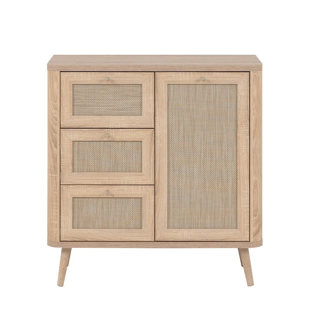 Petit buffet 81 cm avec panier en osier tressé et 3 tiroirs de rangement