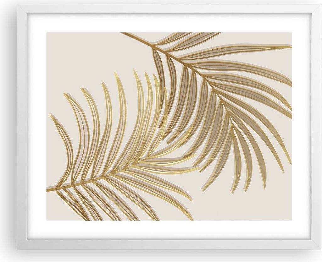 Gerahmtes Poster - Weißer Rahmen - Golden Blätter Palmen - 50x40 cm - Wand Bild - Wanddeko - Wandbilder - Kunstposter - Wandposter - Bilderrahmen...