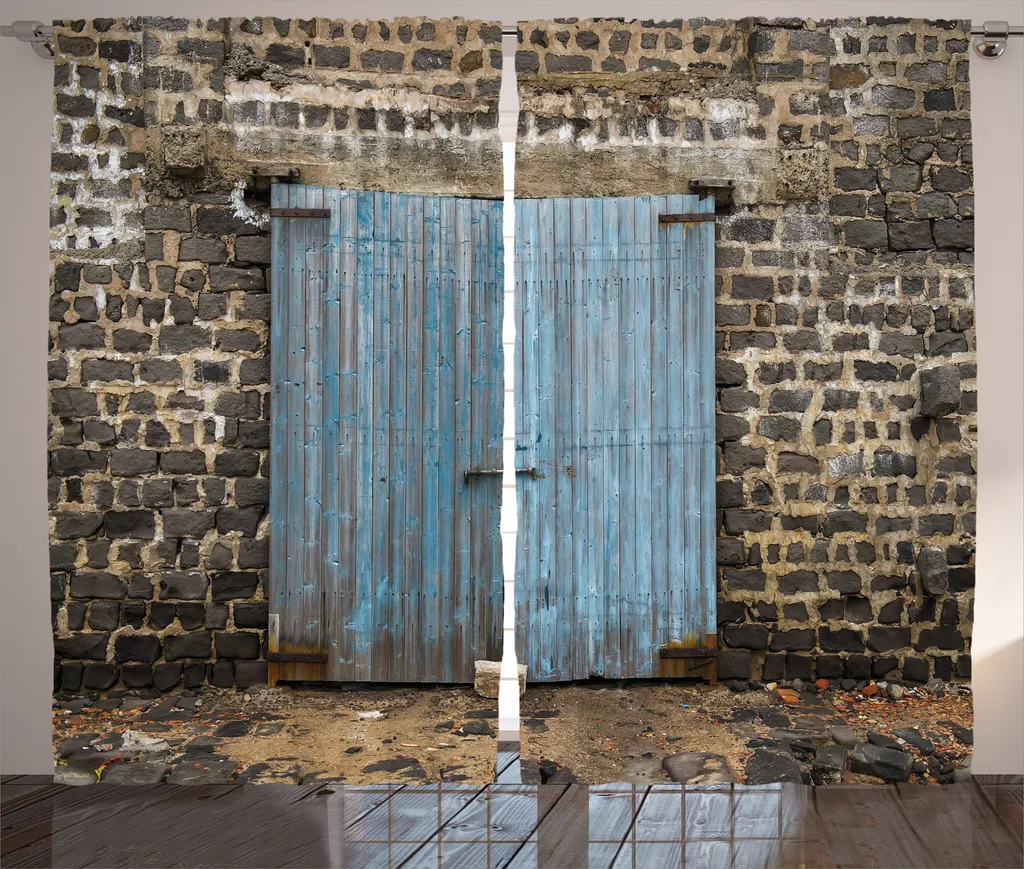 Rideau Médiéval Bleu Gris à Boucles et Crochets 280x225 cm ABAKUHAUS