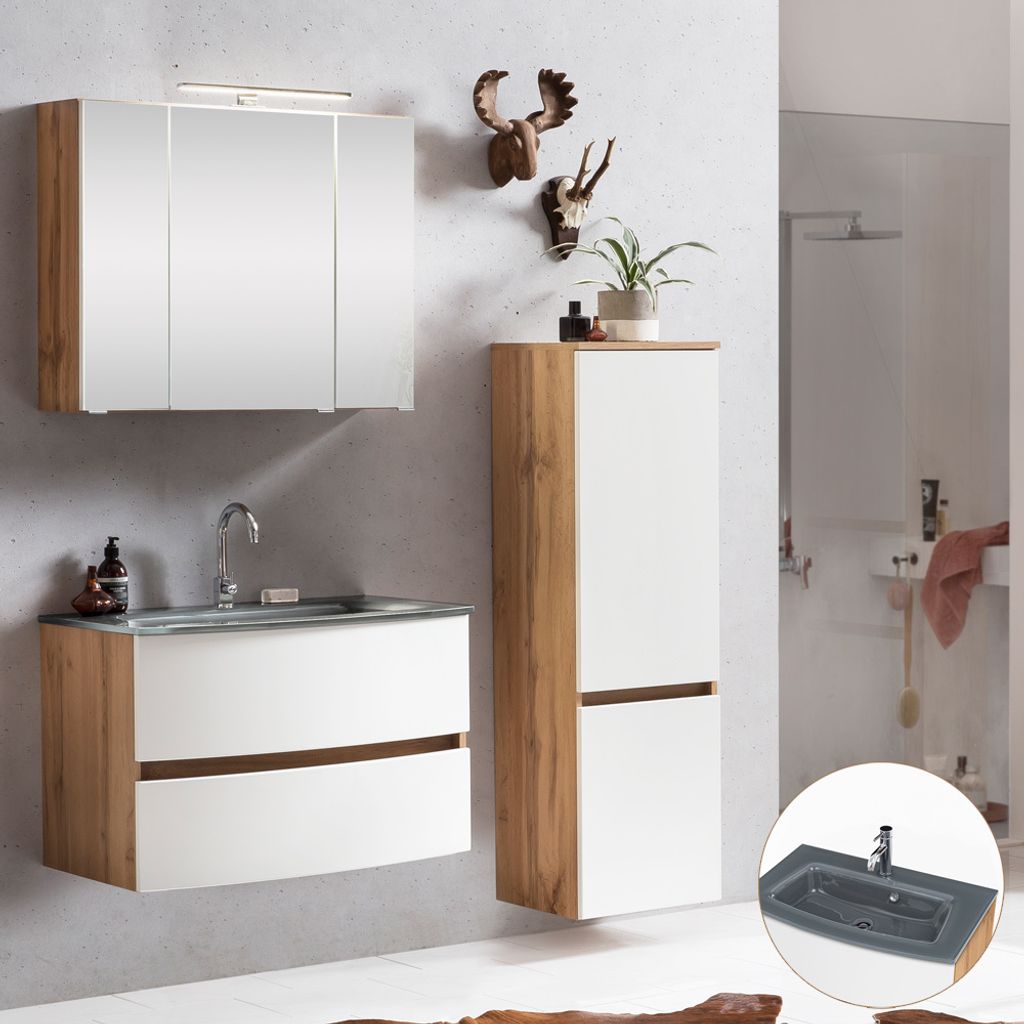 Badmöbel Set 3-tlg. in Wotaneiche Nachbildung mit matt weiß LAURIA-03 mit Glasbecken grau, inkl. LED-Beleuchtung, BxHxT: ca. 140x200x49 cm