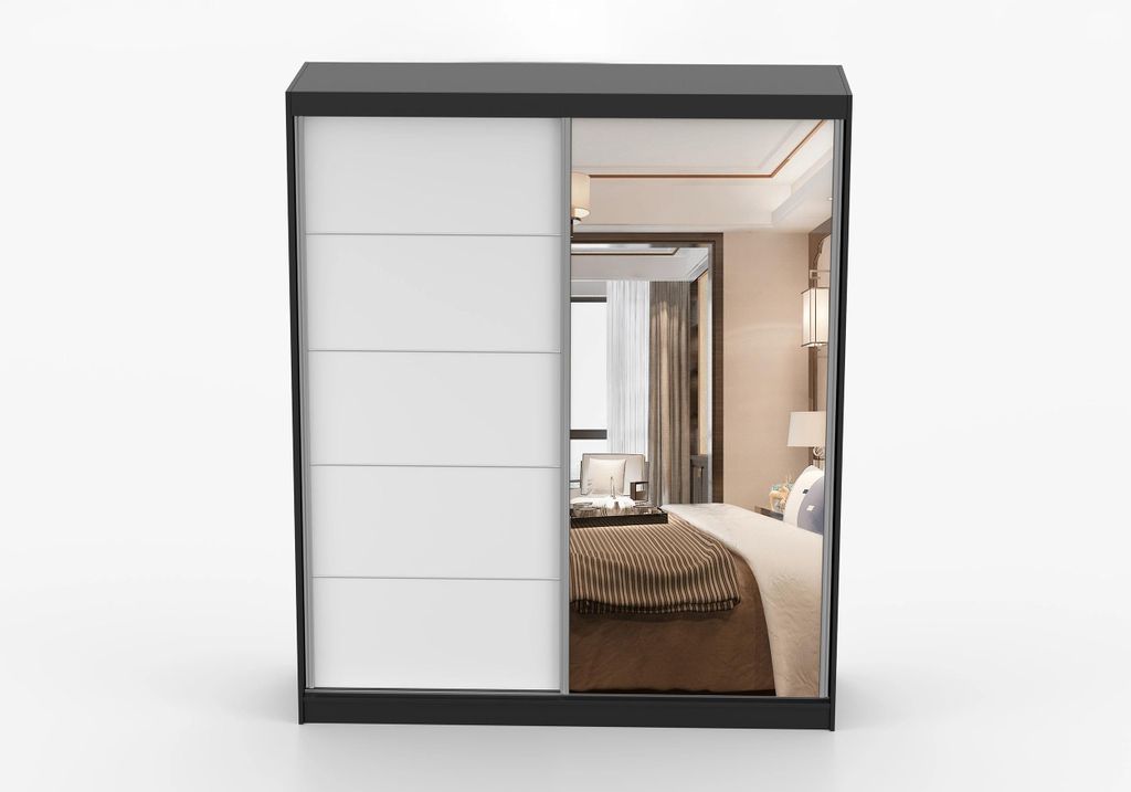 Kleiderschrank SELLA 183x61 cm Schiebetürenschrank mit Spiegel, 2-türig, Schwarz/Weiß, Garderobenschrank Schlafzimmer