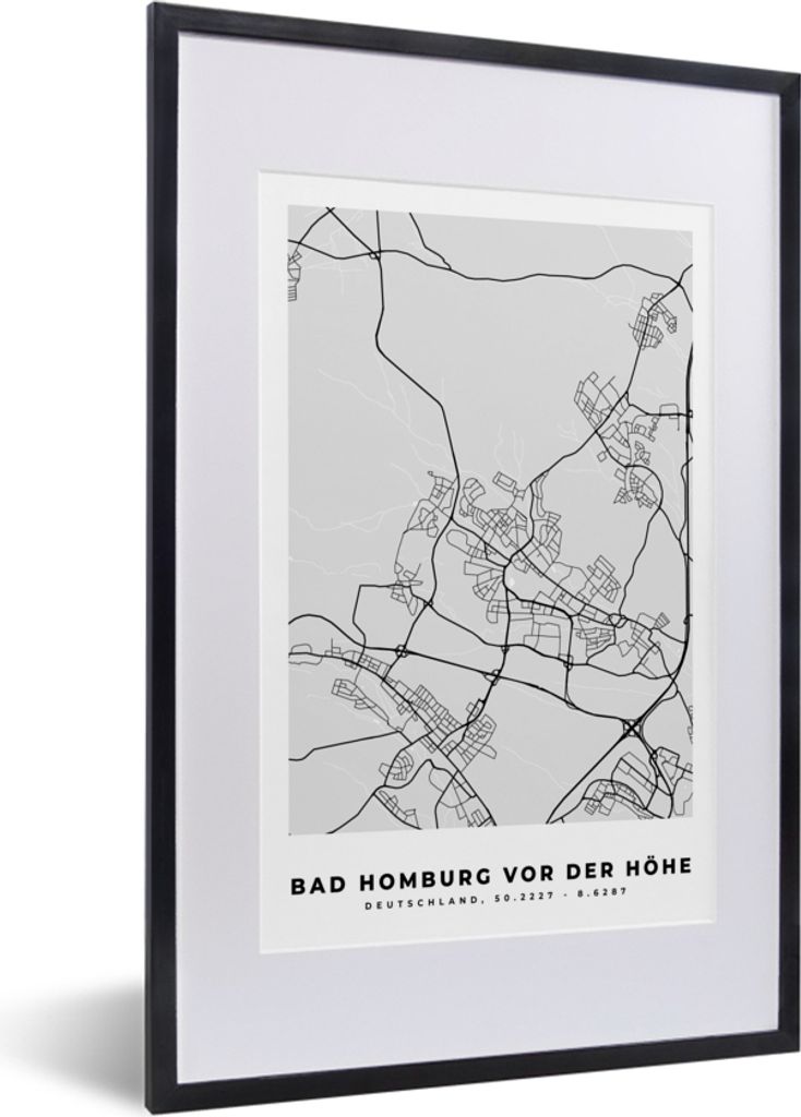 MuchoWow Gerahmtes Poster Bad Homburg Vor Der Höhe - Stadtplan - Deutschland - Karte 40x60 cm - Poster mit Schwarzem Bilderrahmen Wandposter Rah...
