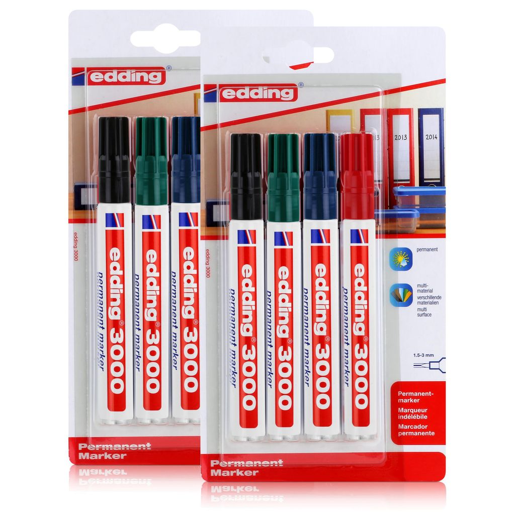 edding 3000 Permanent Marker 4er schwarz, rot, grün, blau 1,5-3mm (2er Pack)