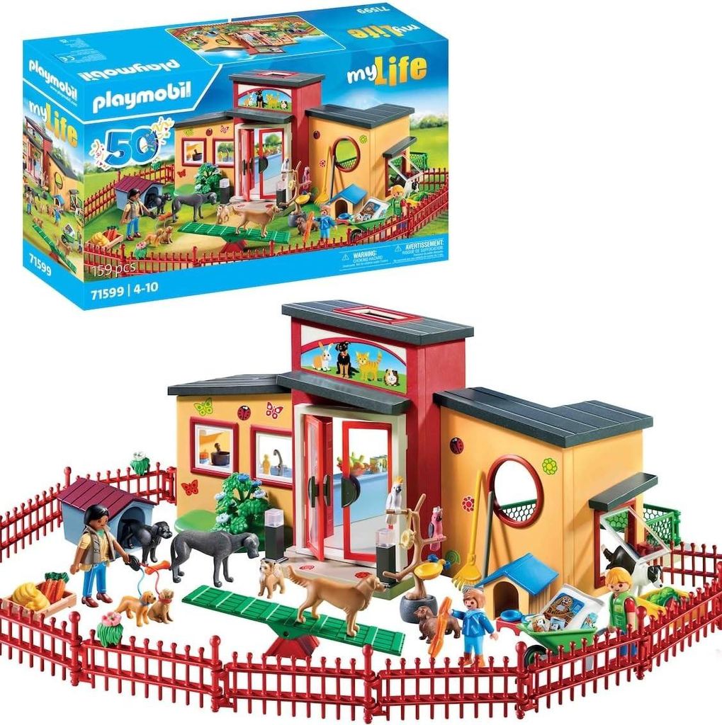 A Playmobil animal hotel playset with figures and accessories, shown with its packaging box above.