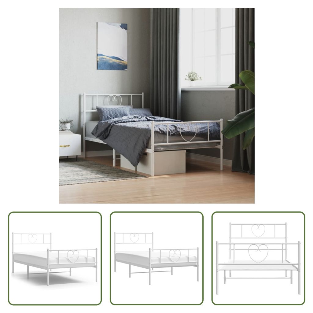 The Living Store Bettgestell mit Kopf- und Fußteil Metall Weiß 107x203 cm