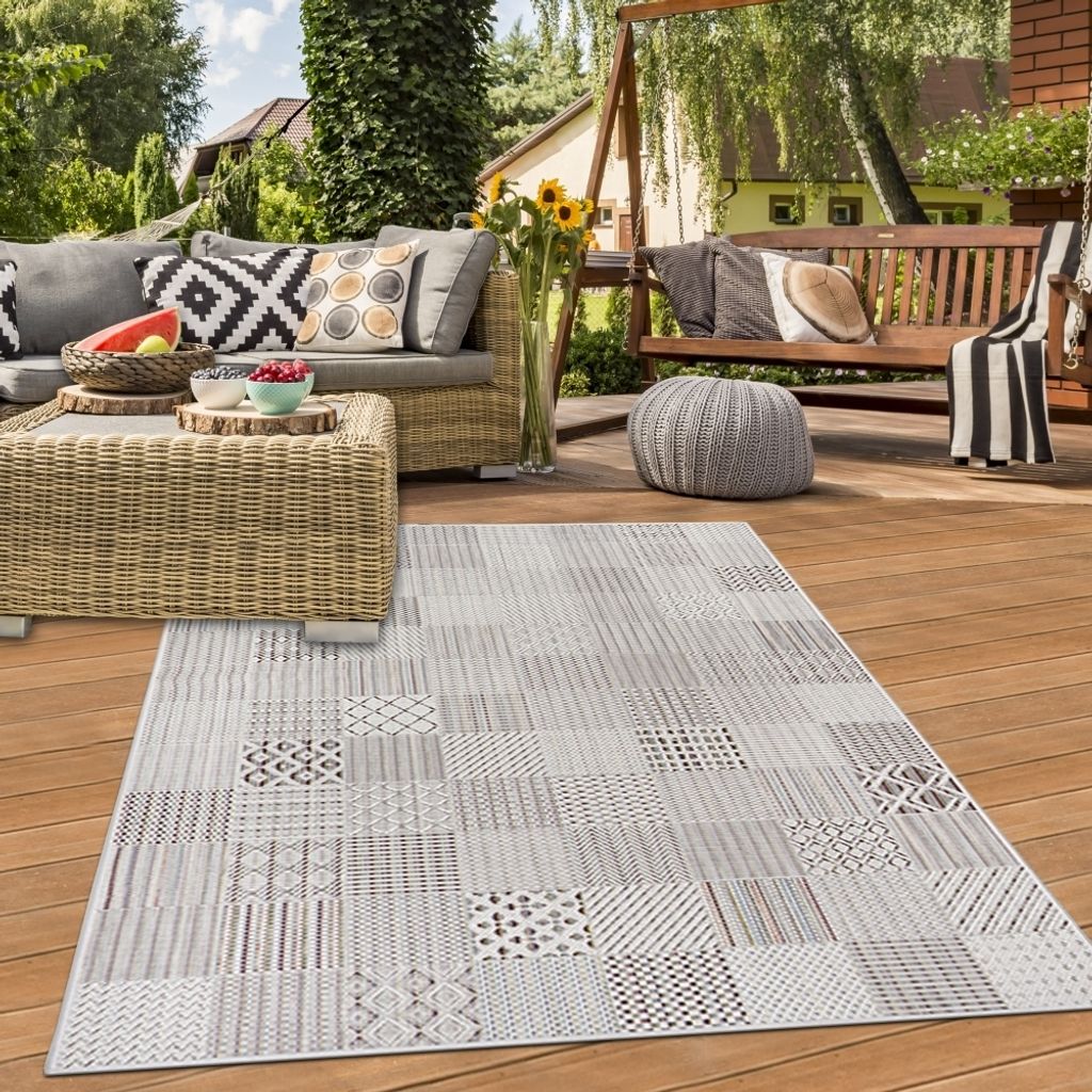In-Outdoor-Teppich Wohnzimmer pflegeleicht wetterfest Fliesen Optik in creme grau Größe - 160 x 230 cm