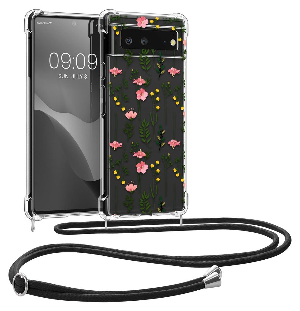 kwmobile Necklace Case kompatibel mit Google Pixel 6 Hülle - Silikon Cover mit Handykette - Rosa Grün Transparent Zarte Wildblumen