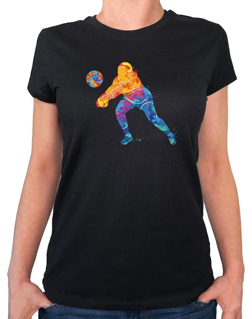 Huuraa Damen T-Shirt Volleyballerin bunte Silhouette M Black Bio Baumwolle Fairtrade Damenshirt Geschenkidee