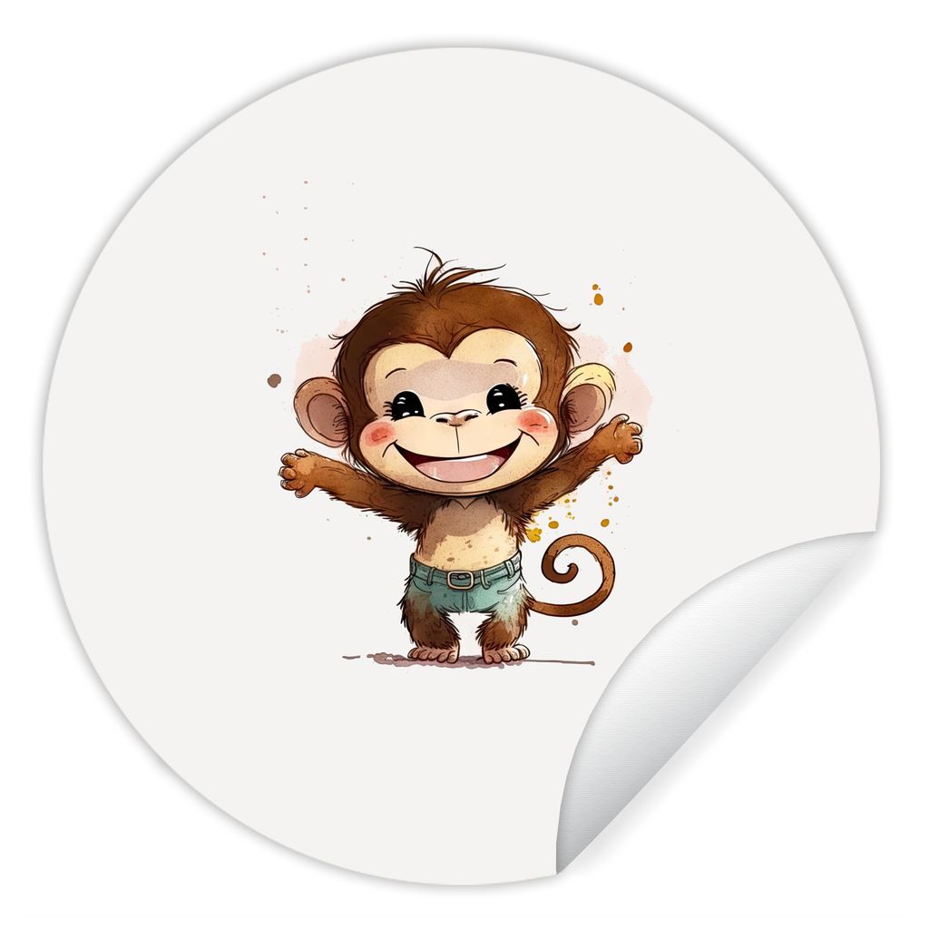 MuchoWow Runde Wandtattoo - Wandsticker Tapete Aufkleber Affe - Braun - Aquarell - Tiere - Mädchen - Jungen Ø 30 cm Selbstklebend und Repositio...