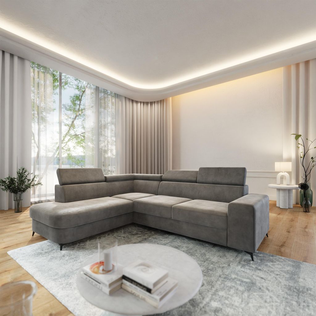 Masseno Ecksofa ALVORO L-S mit Schlaffunktion L-Form, Sofa mit Bettkasten, Wohnzimmersofa, Couch, Soffa, Bettsofa, Couchgarnitur- Grau, MONOLITH 85