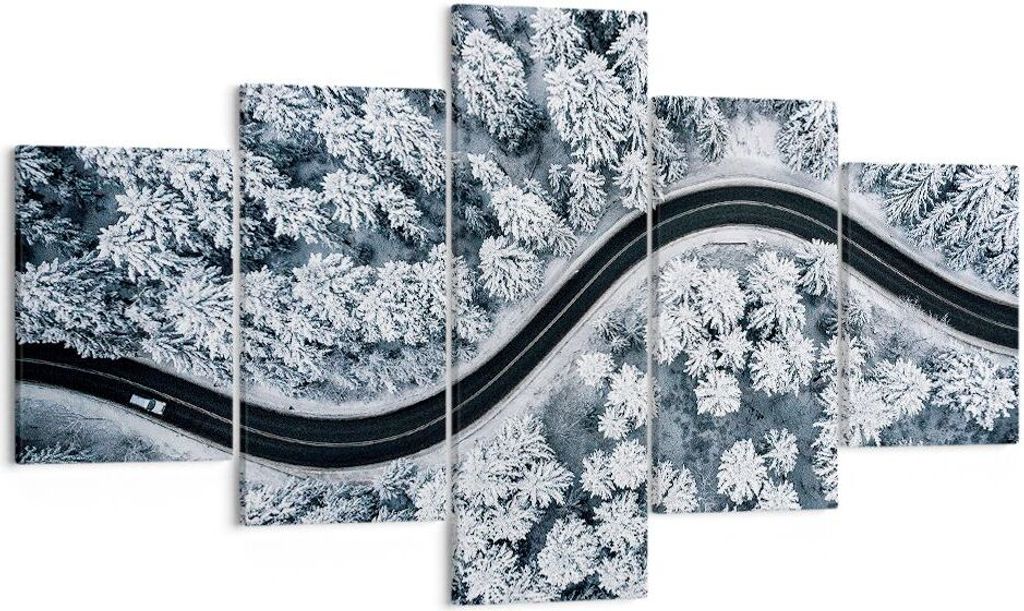 Bild auf Leinwand - Leinwandbild - 5 Teile - Wald Winter Straße - 125x70cm - Wand Bild - Wanddeko - Wandbilder - Leinwanddruck - Bilder - Wanddeko...