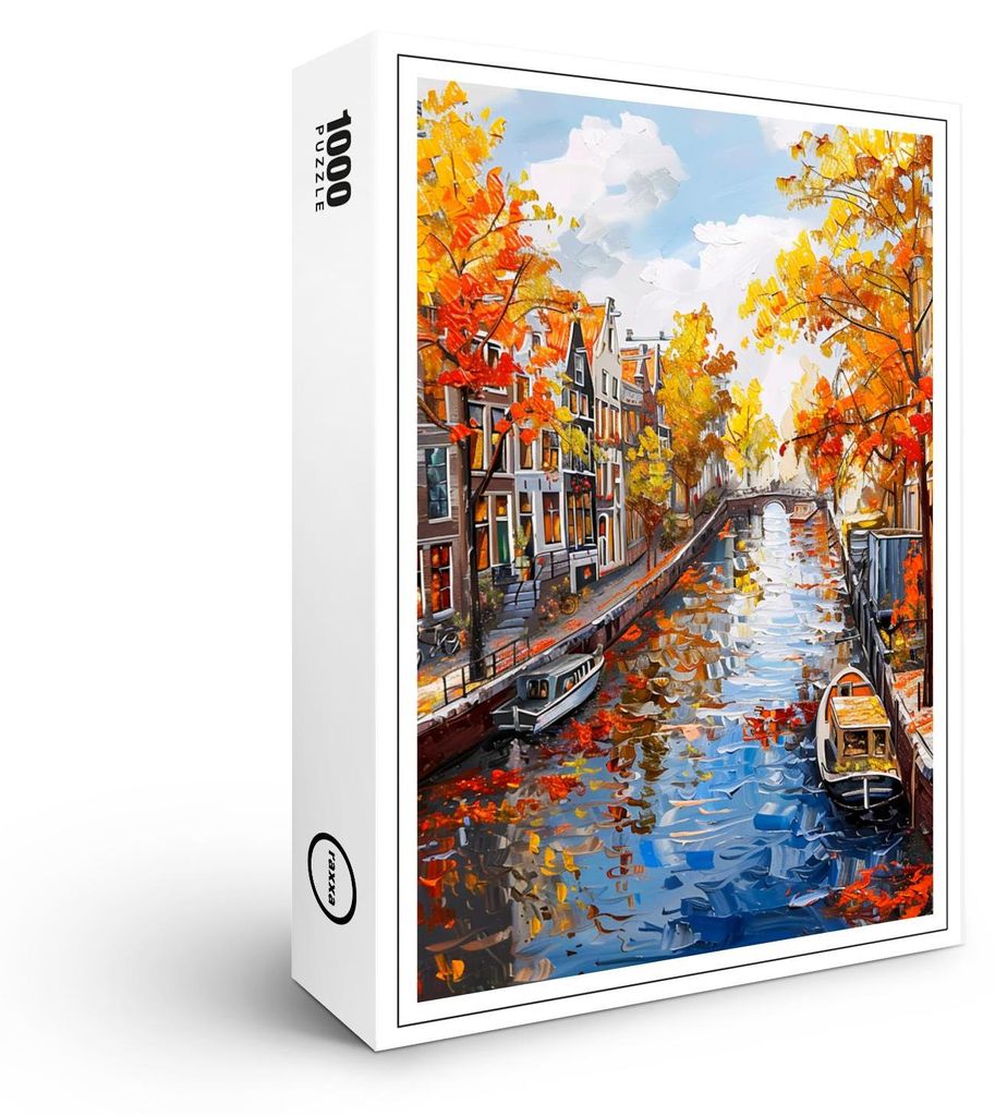 raxxa Premium-Puzzle „Herbstkanal mit Booten und bunten Häusern“, 1000 Teile