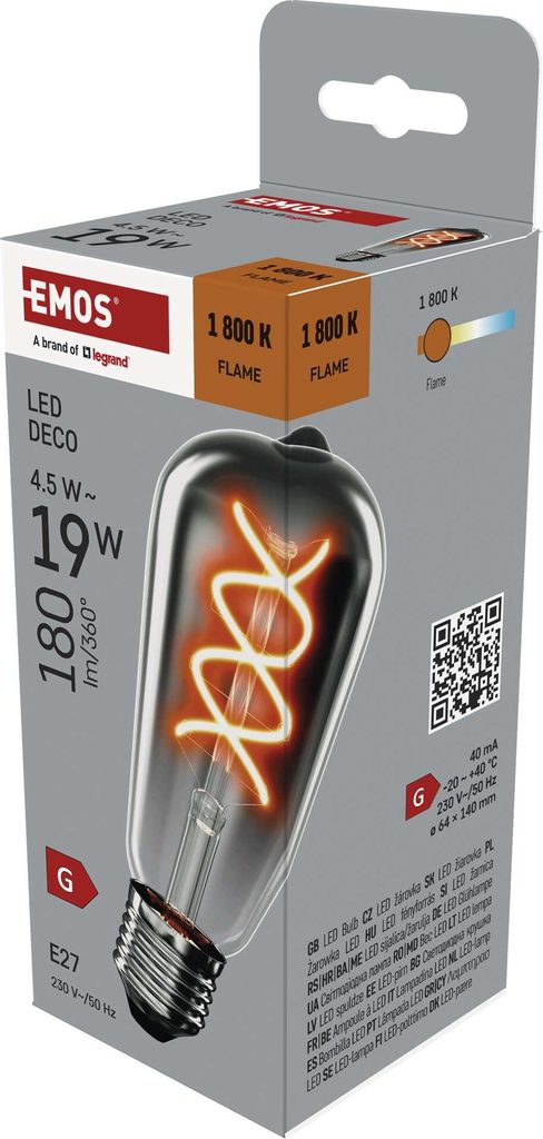 EMOS Edison LED-Lampe DECO SMOKED, 4,5W Ersatz für 19W Glühbirne, E27 Sockel, ST64 Retro-Form, Helligkeit 180lm, Warmweiß 1800K, Rauch-Farbe, Z5...