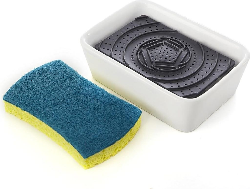 Keramischer Seifenspender und Scrubber-Schwamm Set - Weiß - Nachhaltig - Funktional