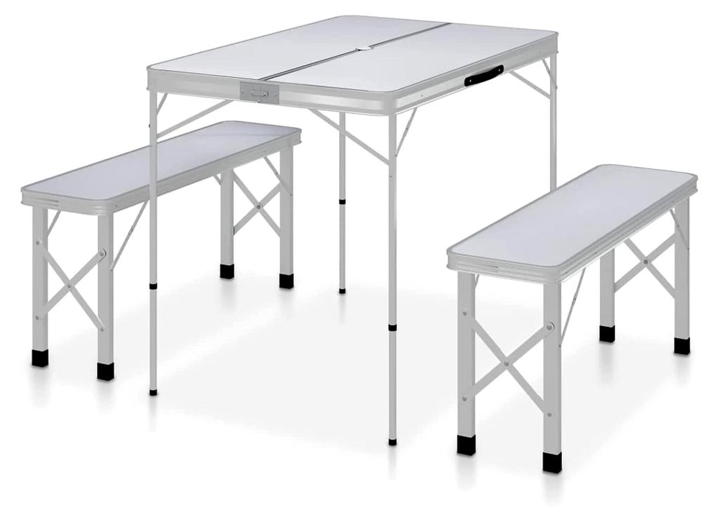 Klappbarer Campingtisch mit 2 Sitzbänken Aluminium Weiß Gartentisch Wetterfest