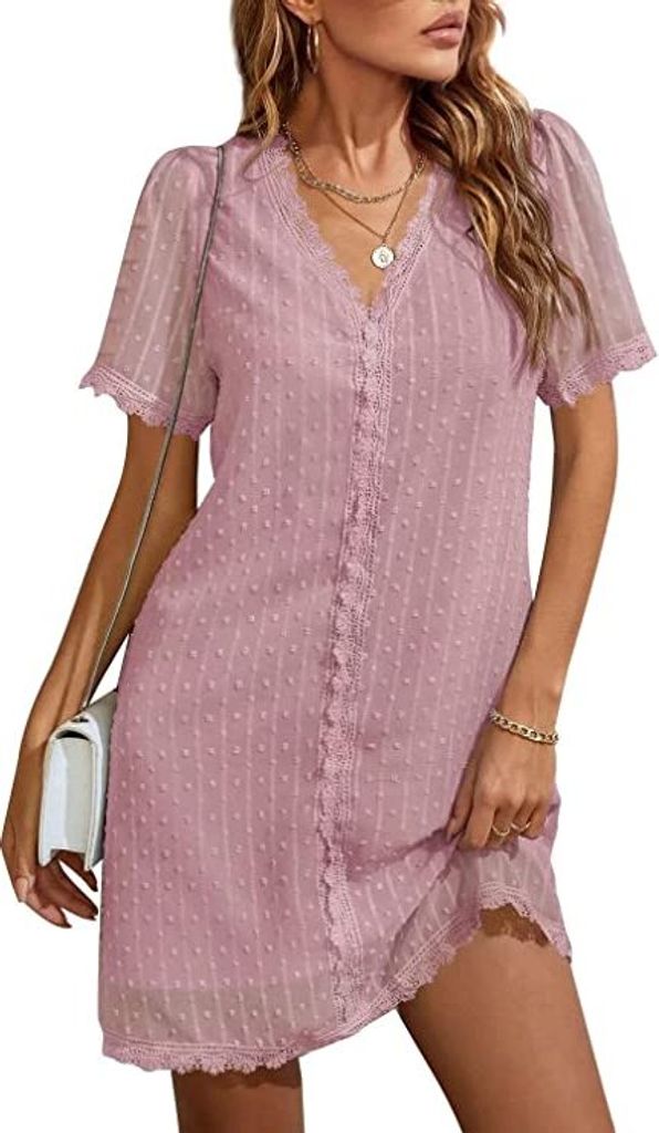 ASKSA Damen Chiffon Kleider V-Ausschnitt Sommerkleid Swiss Dot Spitze A-Linie Minikleid, Rosa, XXL