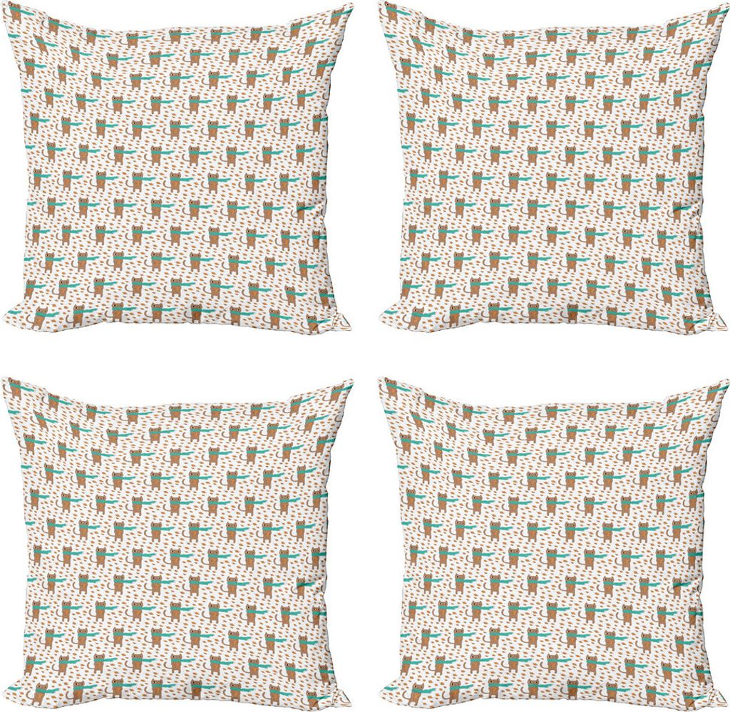 ABAKUHAUS Katze Kissenbezug Set (4 Stück), Katze im Schale mit Herbstlaub, Moderner Doppelseitiger Digitaldruck, 50 cm x 50 cm, Blasses Orange Tü...