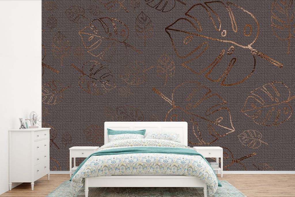 MuchoWow Fototapete für Wohnzimmer oder Schlafzimmer Wandtapete Vinyl Motivtapete Muster - Figur - Blätter - Bronze - 330x220 cm - Fototapeten