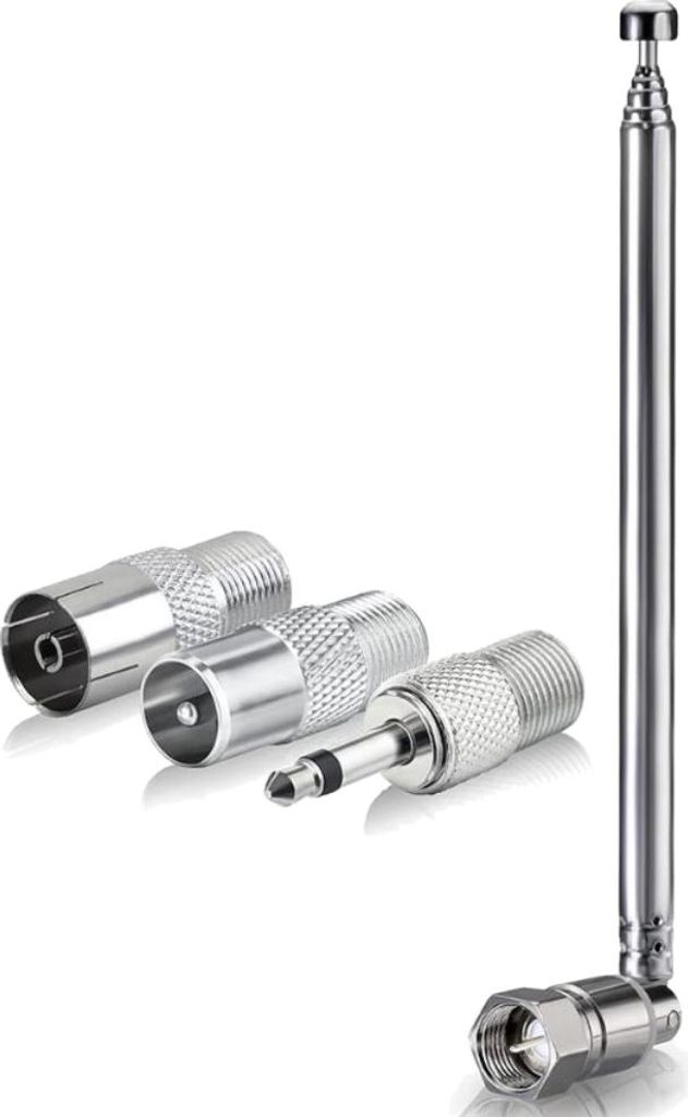 Minadax Radio & TV Teleskop Antenne – Digitale und Analoge Empfangsantenne mit 3 Adaptern - DVB-T/T2, DVB-C, FM und DAB