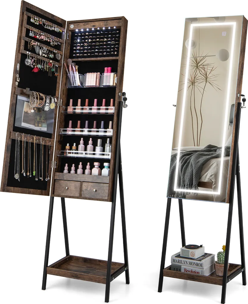 Grand Miroir avec Rangement Bijoux pour Dressing et Chambre Coloris Brun