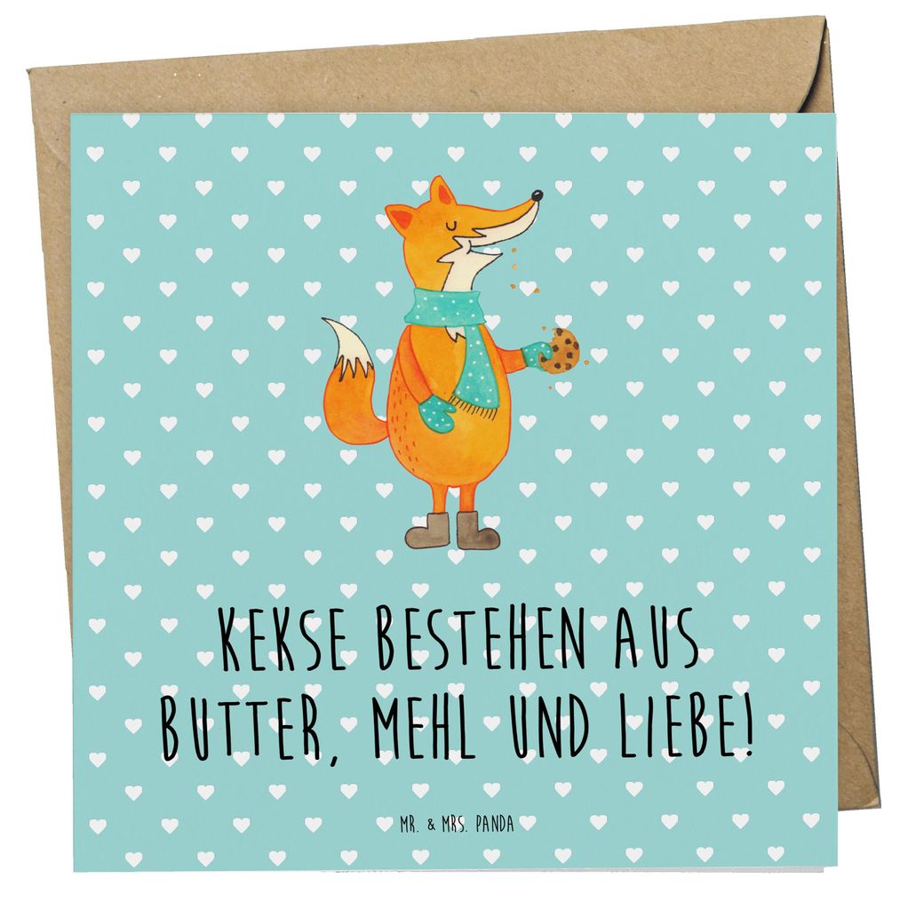 Mr. & Mrs. Panda Glückwunschkarte Fuchs Keks - Türkis Pastell - Geschenk, Frieren, Weihnachtlich, anlasskarte, Grußkarte, Winter, Liebe, Klappka...