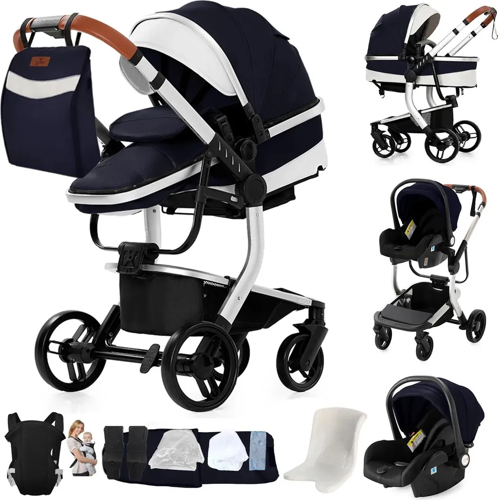 Poussette combinée multifonction 4 en 1 bleue, modèle compact et léger