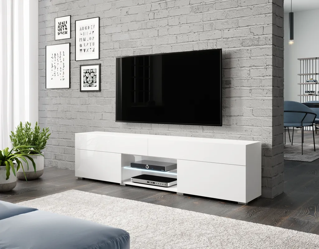 MINIO Armoire TV 180 cm CARE Lowboard Blanc Brillant - Meuble de Salon