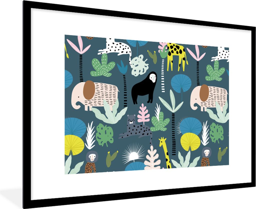 MuchoWow MuchoWow Gerahmtes Poster Tiere - Pflanzen - Dschungel - Blau 90x60 cm - Poster mit zchwarzem Bilderrahmen - Wanddekoration - Fotos