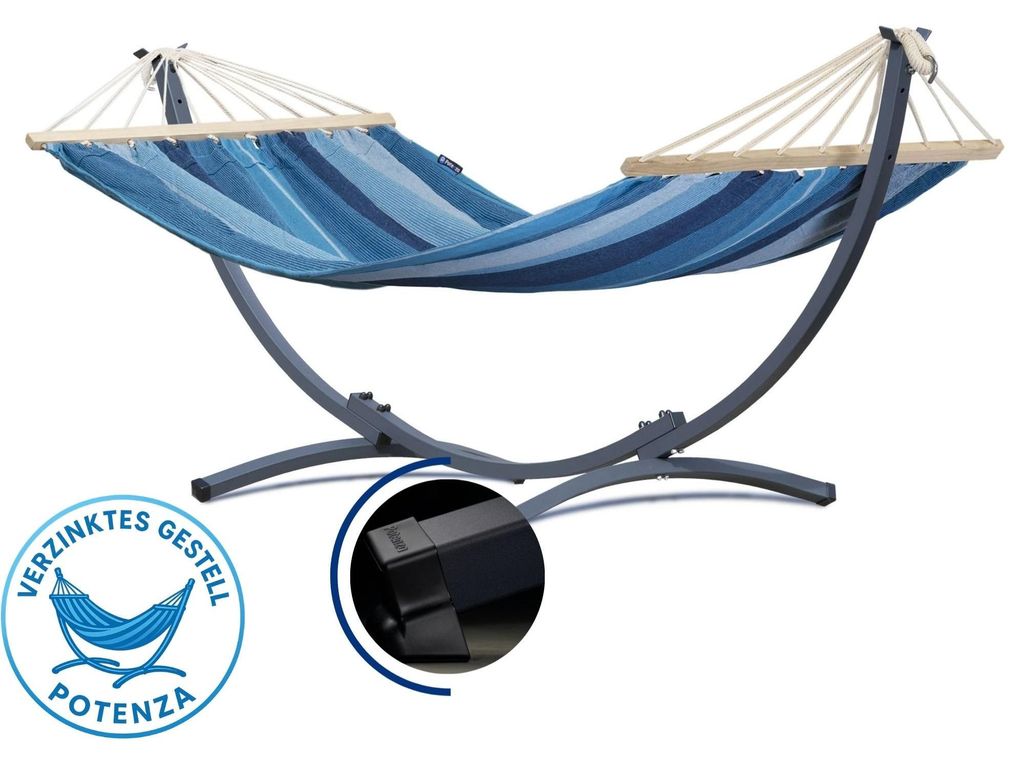 Potenza Hängematte mit Verzinkter Gestell I Stabiler Rahmen 200kg - 250cm Balkon I Stabhängematte 200x120cm I Indoor Outdoor Garten Pool Terrasse...