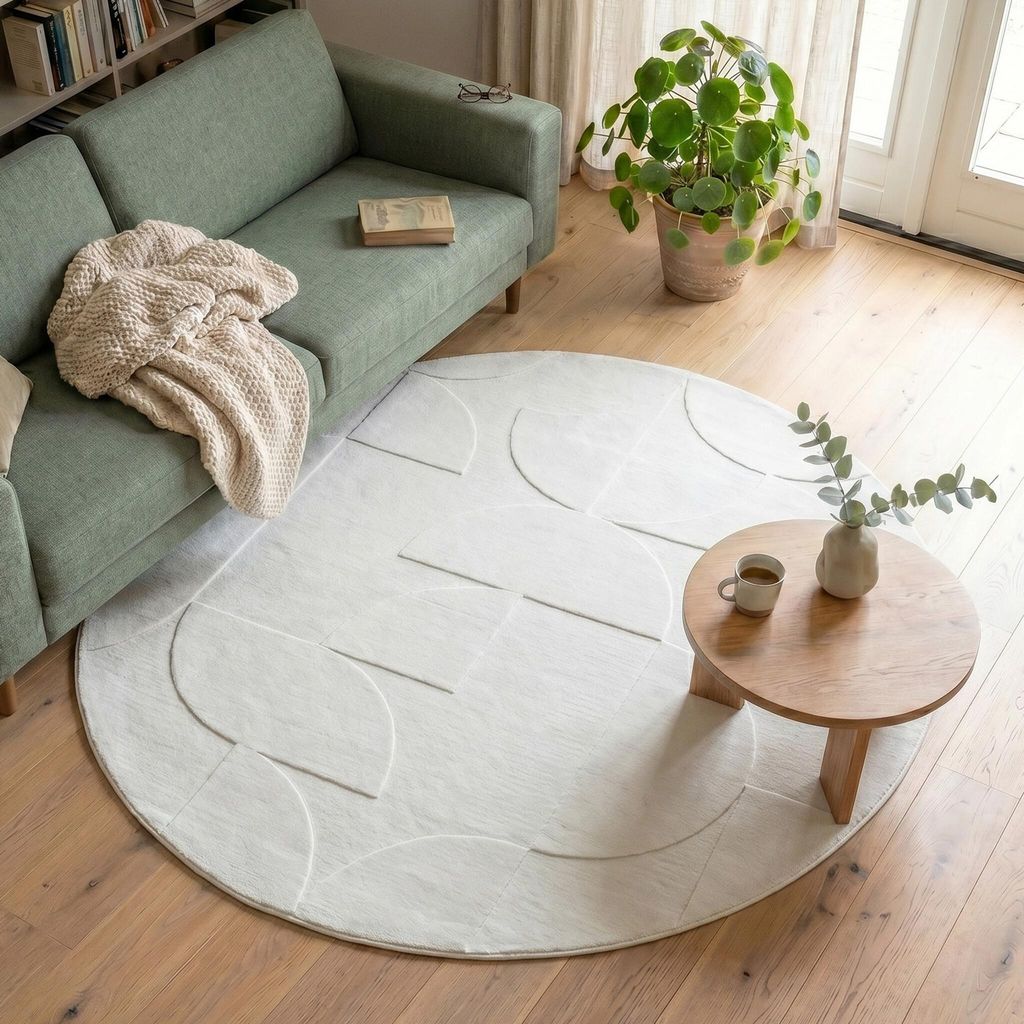 Volero - Runder Teppich Wohnzimmer - Charm Circles Weiß - Ø 100 cm - Wohnzimmer, Schlafzimmer - Modern, Skandinavisch