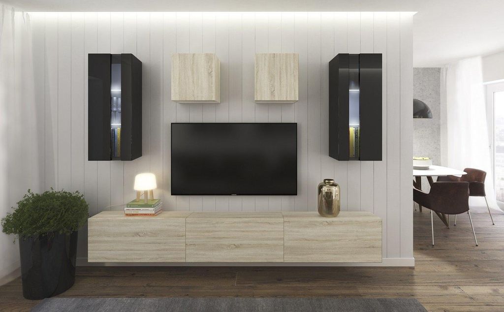 Furnitech Wohnwand Wohnzimmer - Hängend Wohnwand Modern - Regale und TV Schrank - Wohnzimmer Möbel ohne LED (AN291-17BS-HGM41 1A Klein)