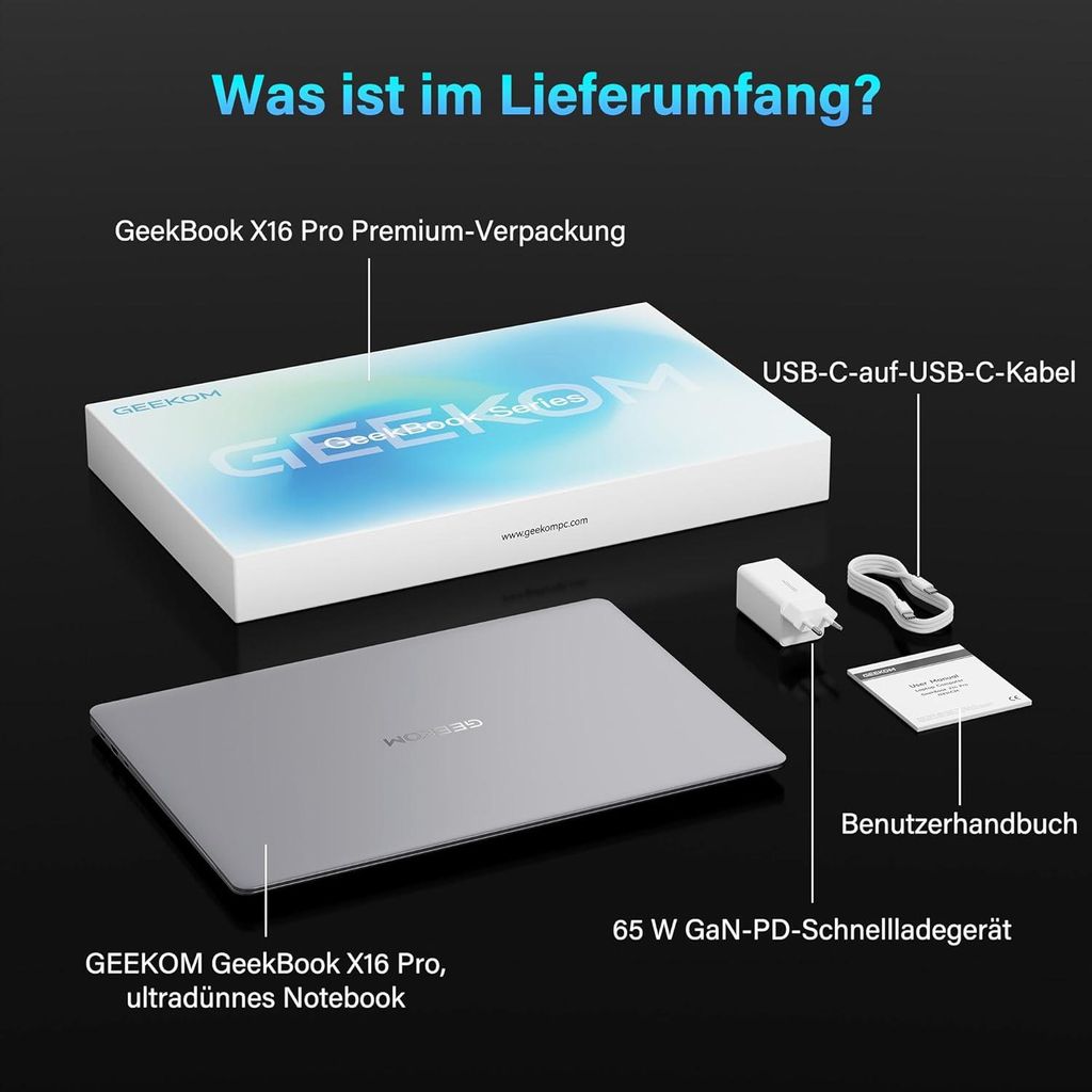 GEEKOM Laptop, Ultradünn,1299g Metallgehäuse, 16" 2.5K, Produktbild 