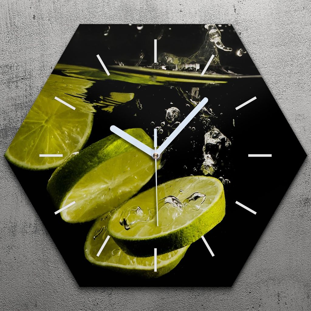 Uhr hexagonal 40 cm Glas Geräuschlos weiße Zeiger - Farbige Früchte