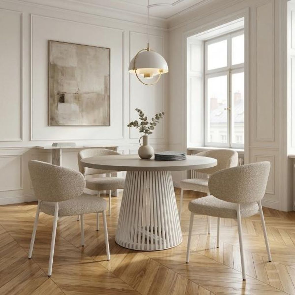 Runder Ausziehbarer Tisch für Esszimmer, DOVER - Industrial/Loft Still mit Lamellenbeine, Durchmesser: 110/160 cm, Farbe: Kaschmir / Weiß