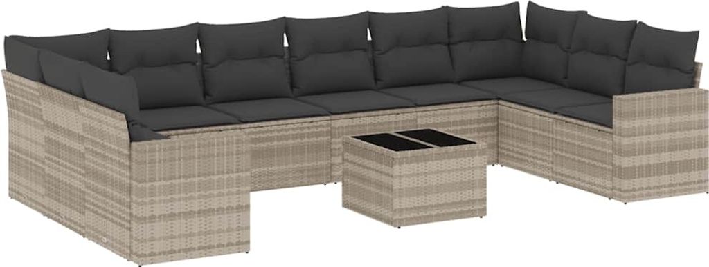 vidaXL 11-tlg. Garten-Sofagarnitur mit Kissen Hellgrau Poly Rattan