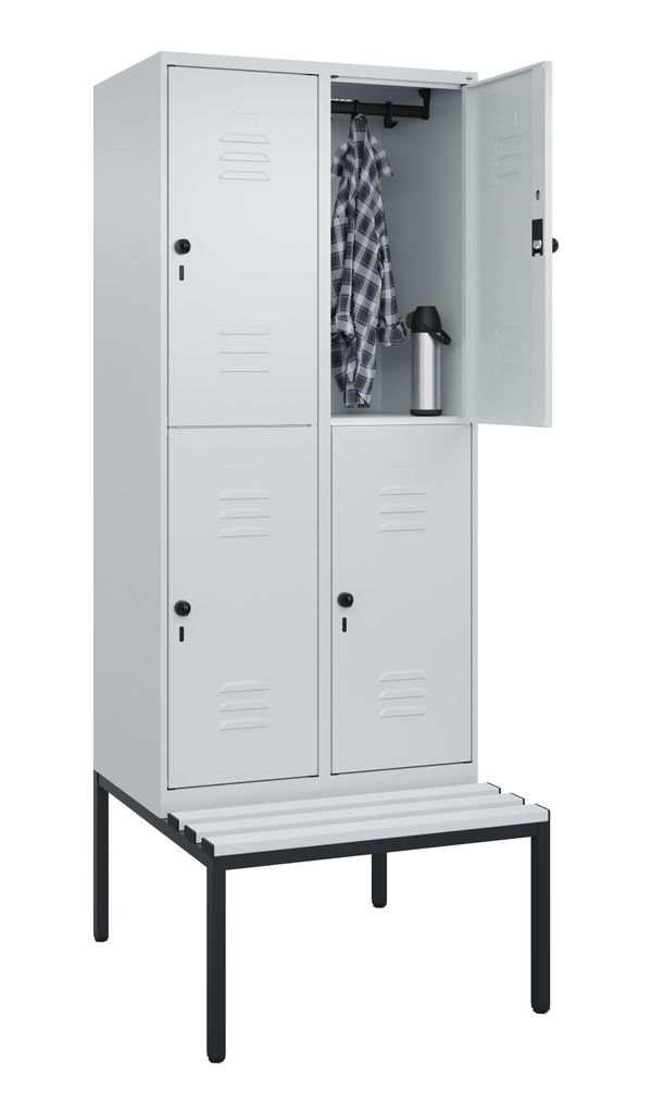 Fächerschrank, untergeb. Sitzbank, BxTxH 800x500x2120 mm, 2x2 Fächer, Abt.B 400 mm, doppelstöckig, Kunststoffleisten, Drehriegel, RAL 7035