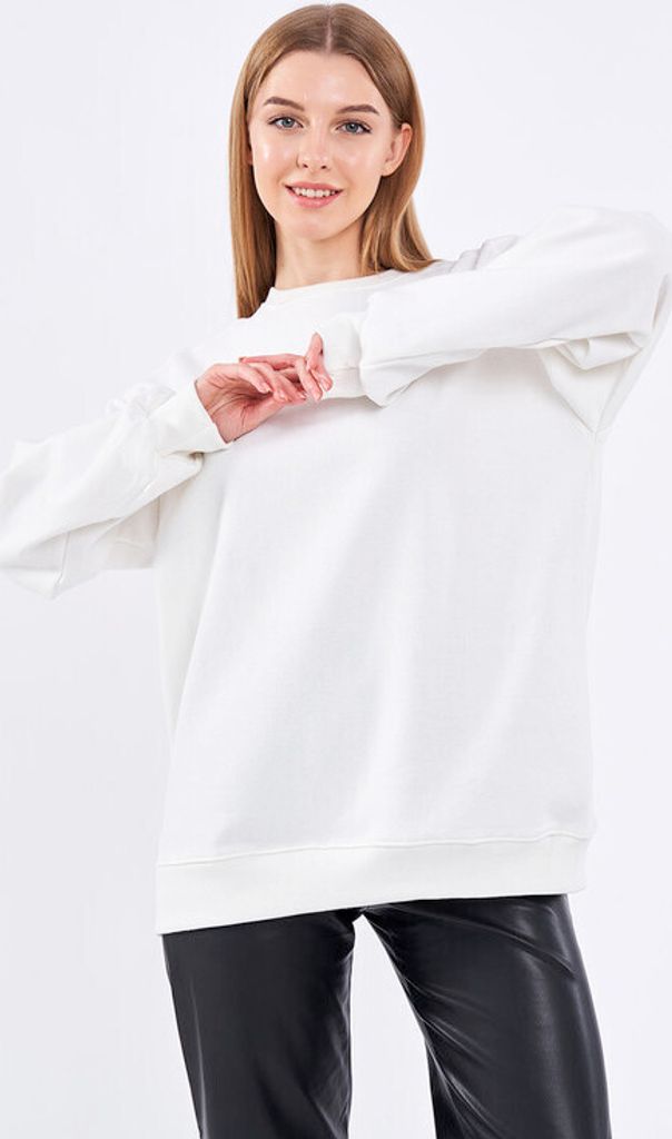 COMEOR Sweatshirt Damen Bequemer Oversize Pullover aus Baumwolle, Langarmshirt als Basic Pulli ohne Kapuze Regular Fit (Weiß L)