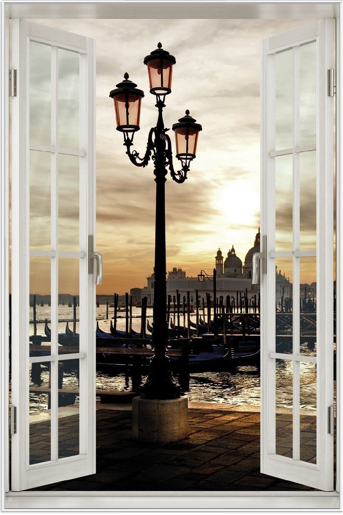 Wallario Wandbild mit Fenster-Illusion: Venedig - Lagune bei Sonnenuntergang, Größe: 61 x 91,5 cm, Poster mit weißem Aluminiumrahmen