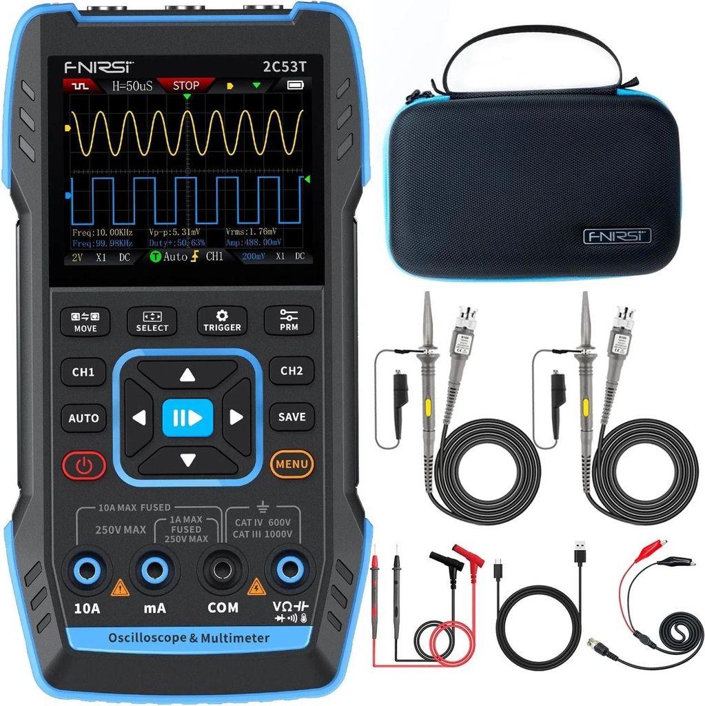 FNIRSI 2C53T tragbares 3-in-1 Oszilloskop, Multimeter, Signalgenerator, 50 MHz, 250MS/s, 2-Kanal