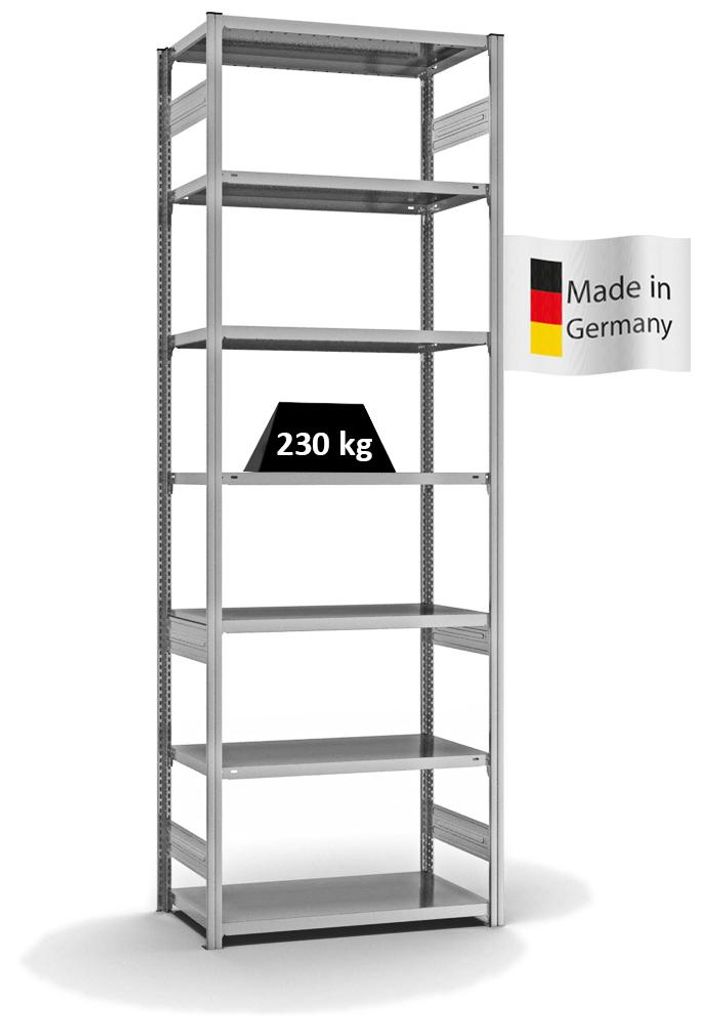 PROREGAL Fachbodenregal Stecksystem MAGNUS Germany | HxBxT 300x100x50cm | 7 Ebenen | Fachlast 230 kg | Beidseitig nutzbar | Verzinkt