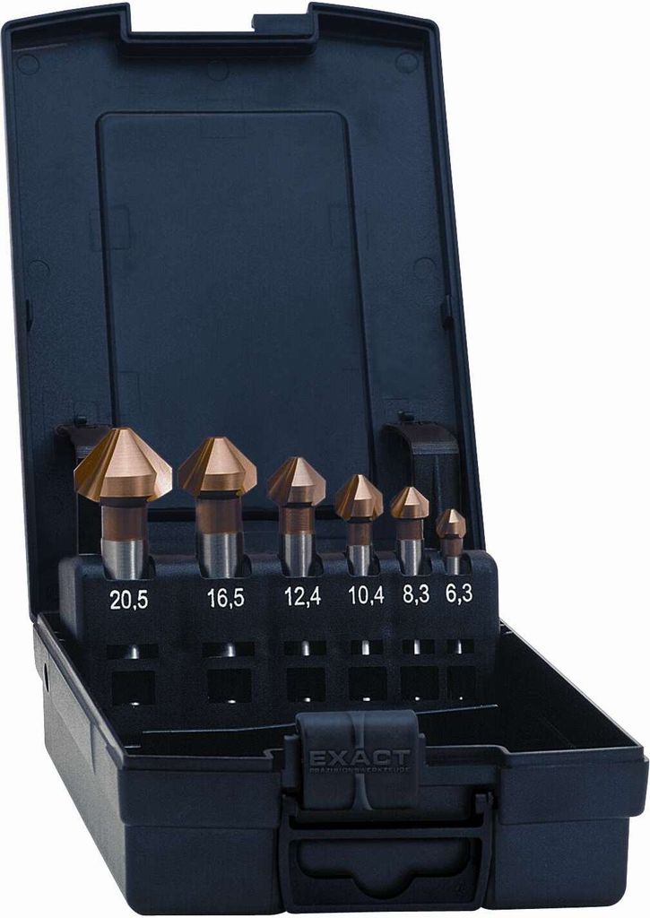 Exact Kegelsenkersatz 90° HSS TiN 6,3-20,5mm DIN335C plus6 05567 Countersink set 6-piece 6.3 mm, 8.3 mm, 10.4 mm, 12.4 mm, 16.5 mm, 20.5 mm HSS Ti...