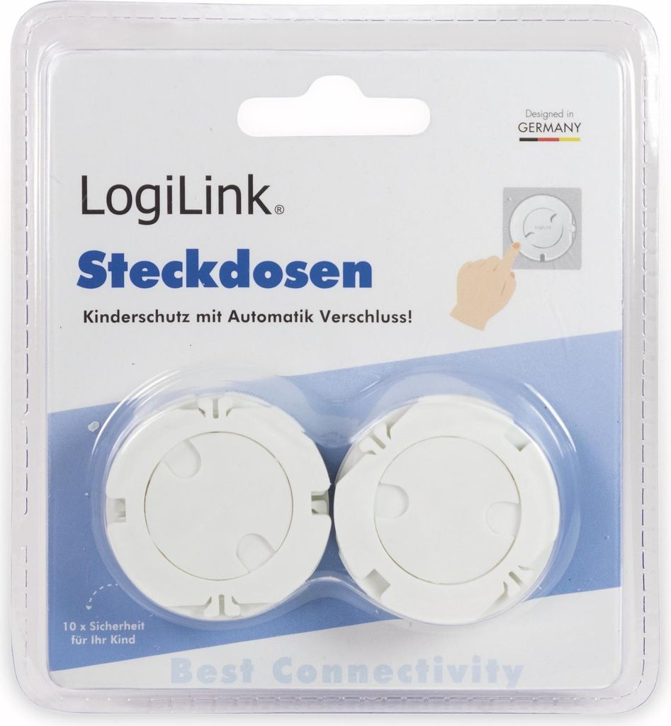 The image shows a retail package containing two white electrical socket covers for child safety.