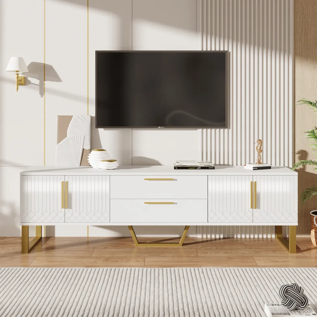 Meuble TV 170x40x53 cm Blanc en MDF avec 4 Portes Gravées et 2 Tiroirs