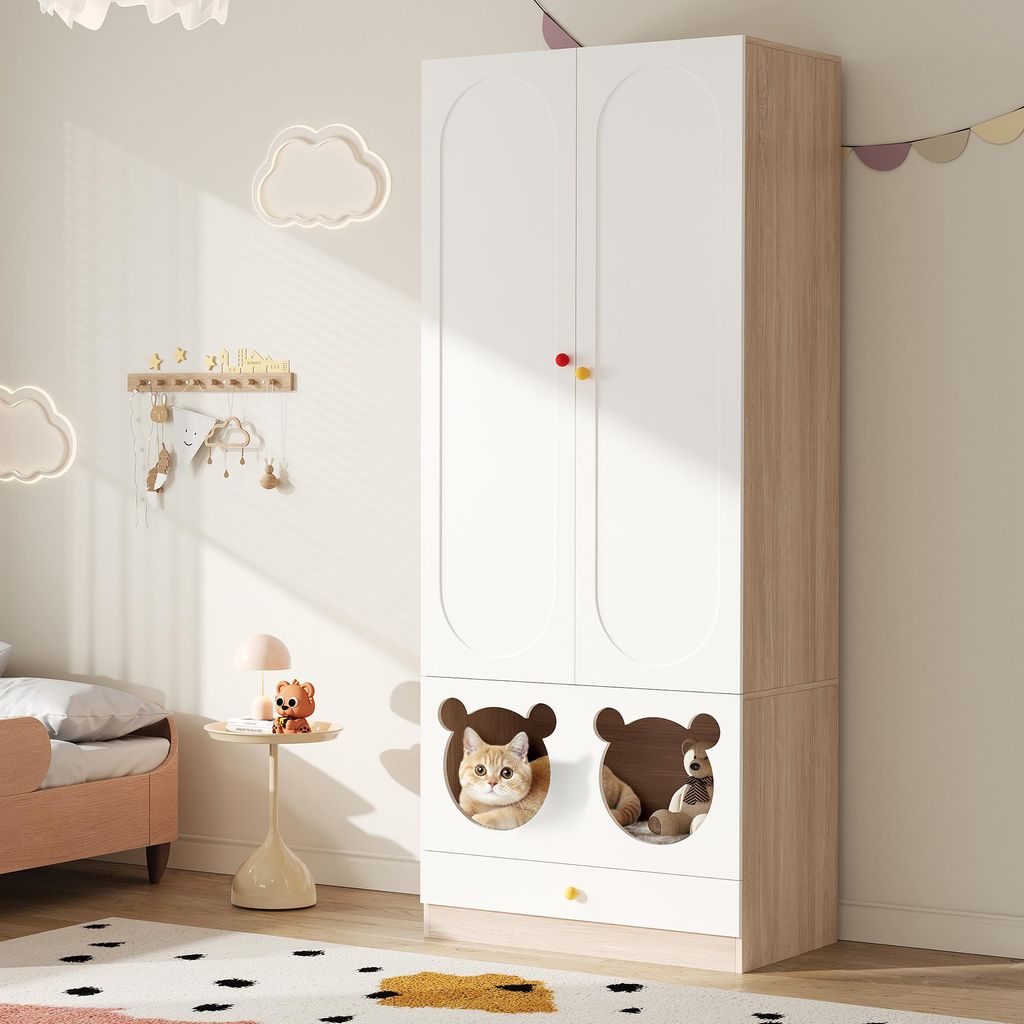 okwish Kinderkleiderschrank Flurgarderobe mit Bügelstange und bunte Keramikgriffen,Schrank mit Katzenbett aus Lackierte Platten + Spanplatte,Weiß...