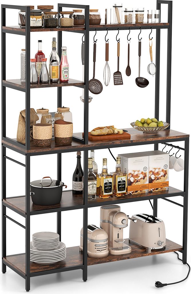 A kitchen baker's rack filled with various kitchen items.
