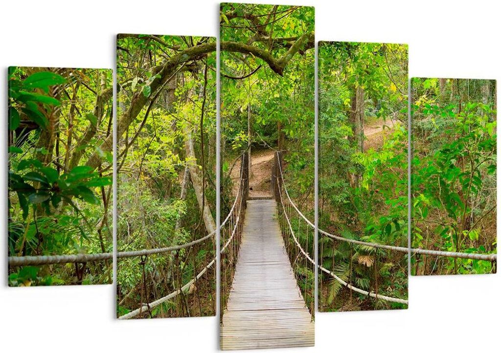 Bild auf Leinwand - Leinwandbild - Fußgängerbrücke Wald Abenteuer - 150x100cm - Wand Bild - Wanddeko - Leinwanddruck - Bilder - Kunstdruck - Lei...